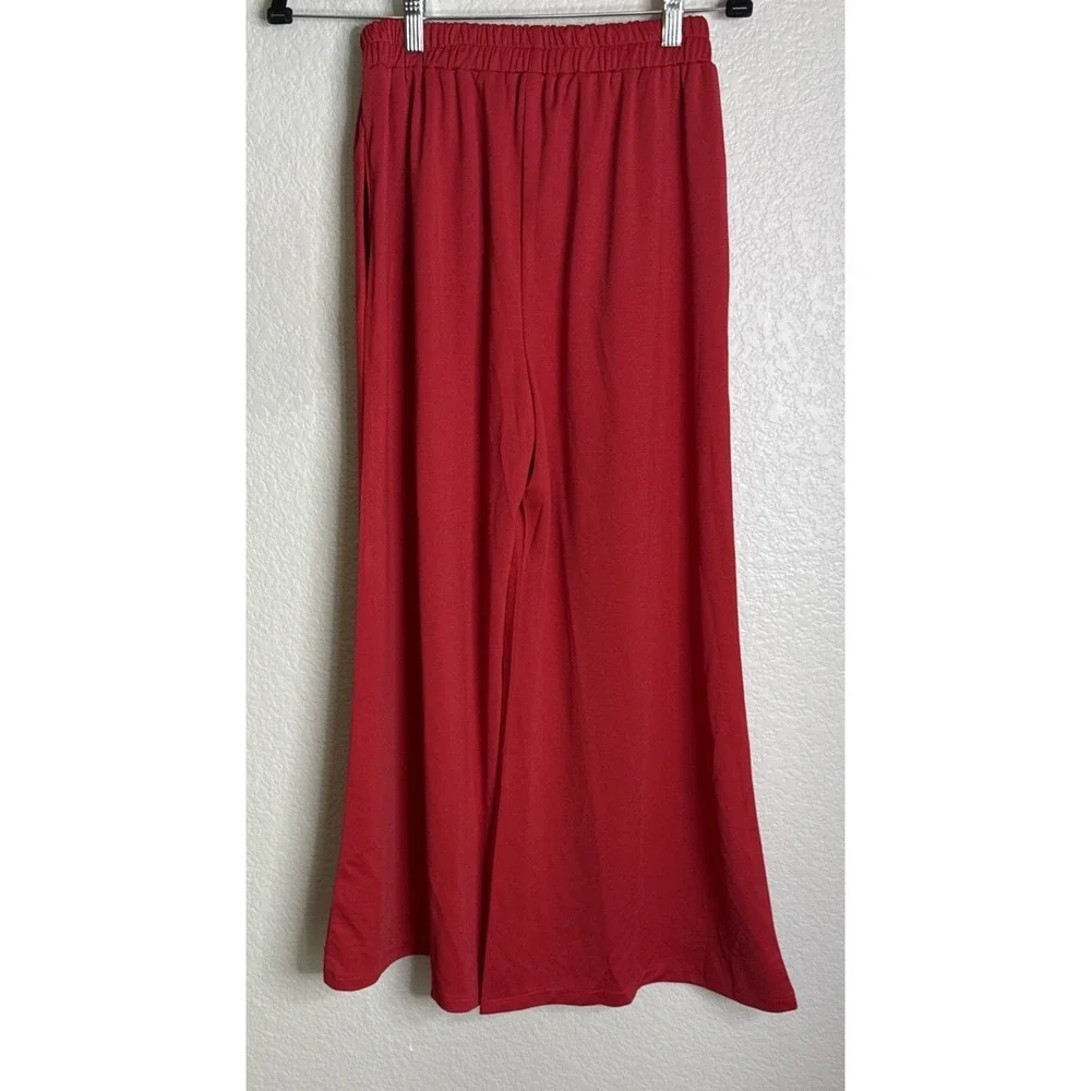 Womens XS Red Knit Wide‎ Flare Leg Pants Embroidered Hem Pocket Asian Style Boho